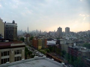NYC skyline at dusk.